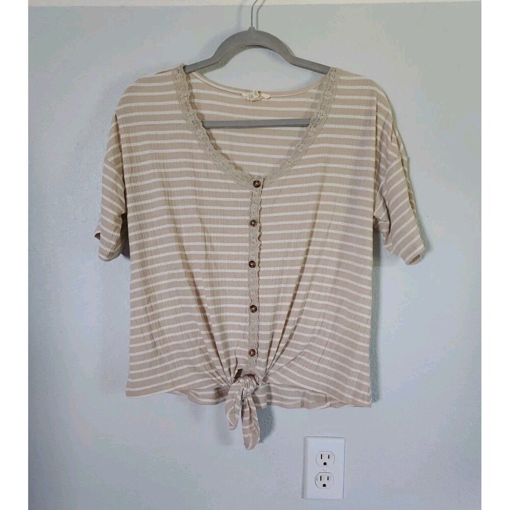 Como Blu Tan Striped Blouse Top Women's Large Tie Front Short Sleeve Scoop Neck